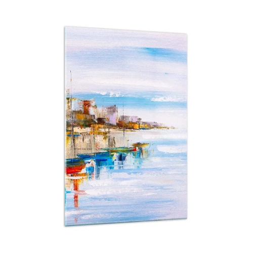 Glasbild - Bild auf glas - Bunte Boote am Ufer mit Blick auf die Skyline der Stadt - 70x100cm - Bunte urbane Oase - Moderne Wanddekoration für Wohnzimmer und Schlafzimmer ARTTOR