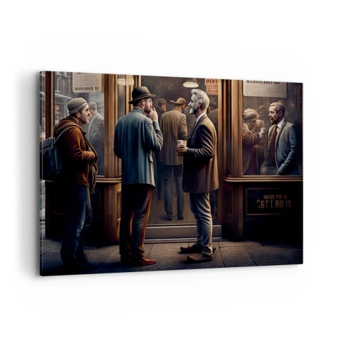 Bild auf Leinwand - Leinwandbild - Straßenszene mit Menschen vor einem Retro-Café - 100x70cm - Gute Zeit des Tages - Moderne Wanddekoration für Wohnzimmer und Schlafzimmer ARTTOR