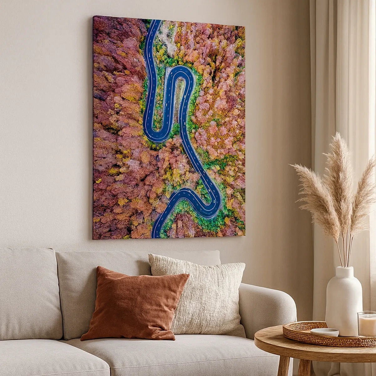 Bild auf Leinwand - Leinwandbild - Eine kurvenreiche Straße in einem herbstlichen Wald aus der Vogelperspektive gesehen - 50x70cm - Kurvenreicher Weg durch den Wald - Moderne Wanddekoration für Wohnzimmer und Schlafzimmer ARTTOR