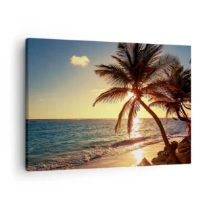 Bild auf Leinwand - Leinwandbild - Tropischer Sonnenuntergang über einem Strand mit Palmen - 70x50cm - Sommer unter Palmen - Moderne Wanddekoration für Wohnzimmer und Schlafzimmer ARTTOR