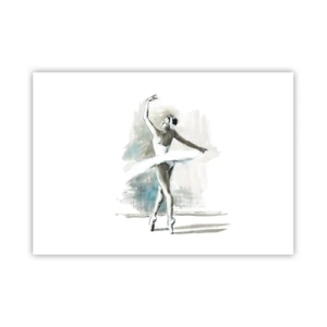 Poster - Eine Balletttänzerin in einer Ballettpose vor einem Hintergrund aus zarten Aquarelltönen. - 100x70cm - In einen Schwan verzaubert - Moderne Wanddekoration für Wohnzimmer und Schlafzimmer ARTTOR