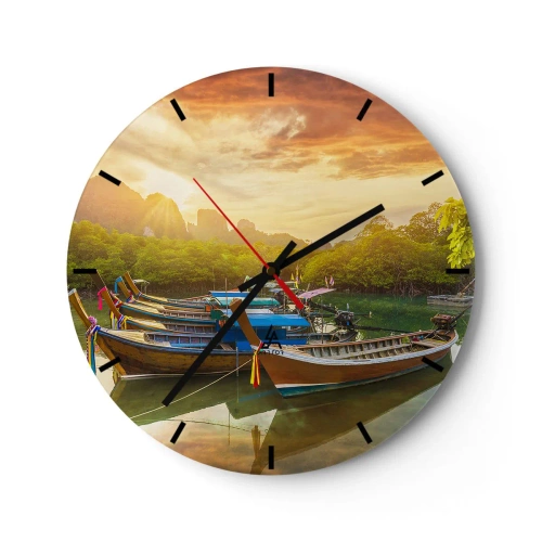 Wanduhr - Glasuhr - Boote am Ufer in den Strahlen der untergehenden Sonne - 30x30cm - Vor einem anstrengenden Tag - Moderne Wanddekoration für Wohnzimmer, Küche und Schlafzimmer ARTTOR