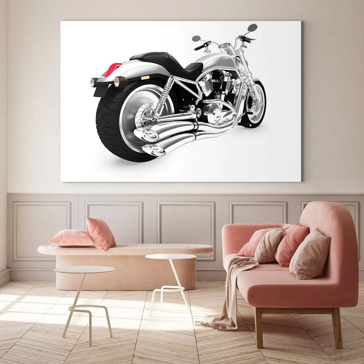 Glasbild - Bild auf glas - Ein verchromtes Motorrad im modernen Stil auf weißem Hintergrund - 70x50cm - Ein Sammlertraum - Moderne Wanddekoration für Wohnzimmer und Schlafzimmer ARTTOR