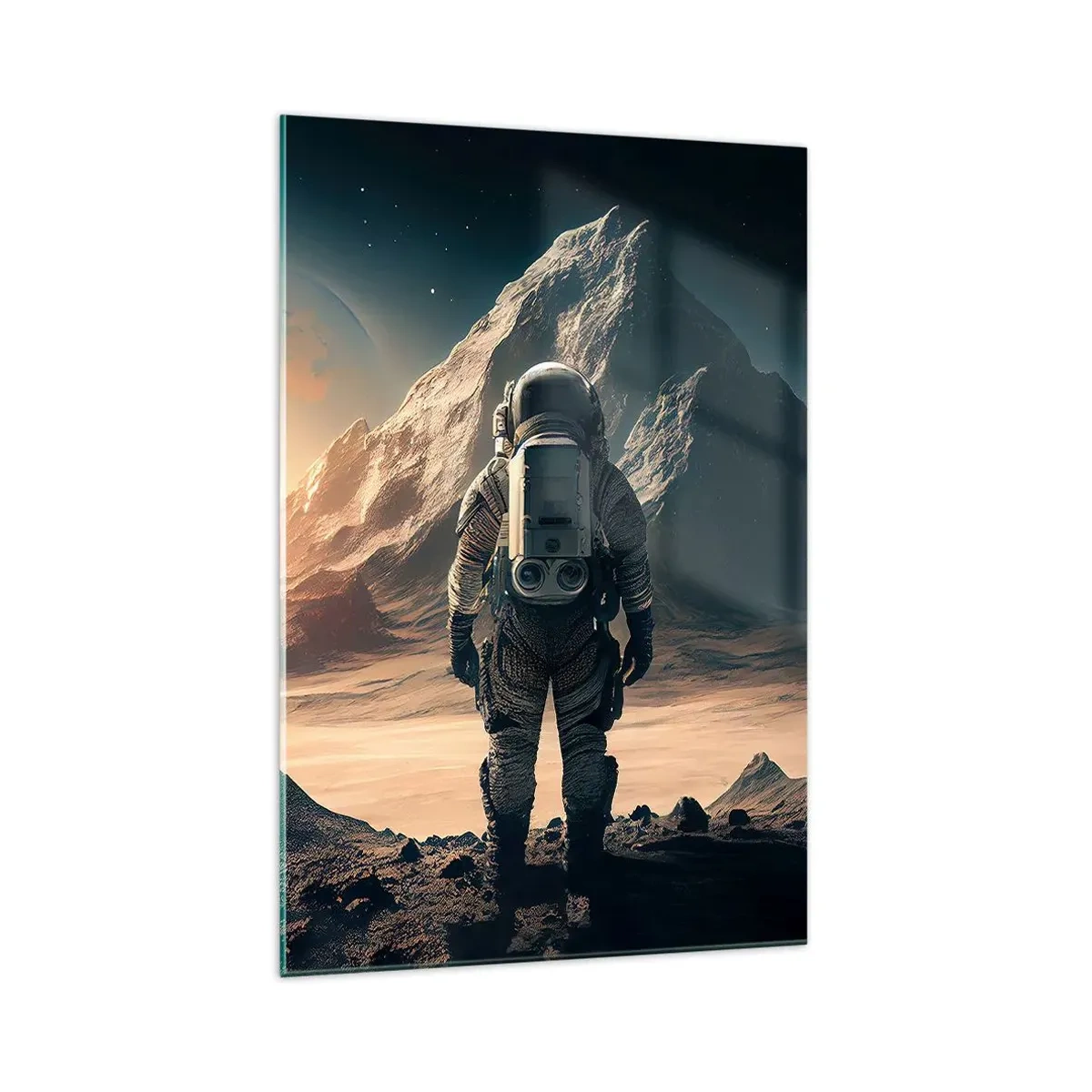 Glasbild - Bild auf glas - Astronaut vor der Kulisse majestätischer Berge - 70x100cm - Neue Herausforderung - Moderne Wanddekoration für Wohnzimmer und Schlafzimmer ARTTOR