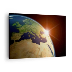 Bild auf Leinwand - Leinwandbild - Blick auf die Erde aus dem Weltraum mit Sonnenstrahlen am Horizont - 70x50cm - Sonnenaufgang - Moderne Wanddekoration für Wohnzimmer und Schlafzimmer ARTTOR