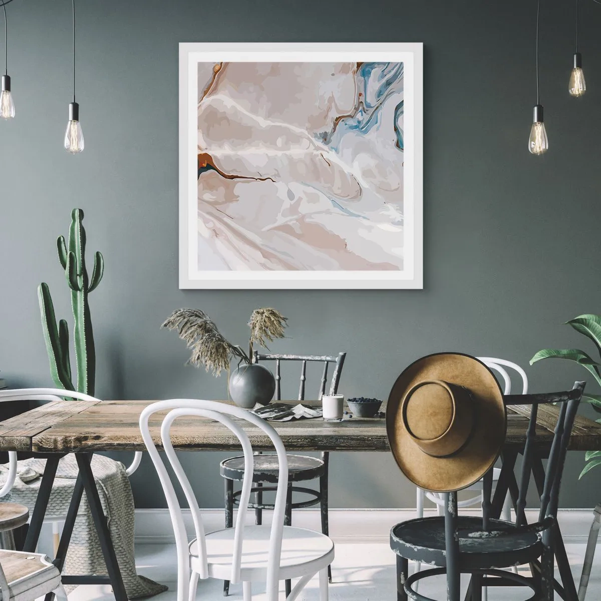 Poster in einem weißen Rahmen - Blau schlängelt sich unter dem Weiß - 60x60 cm