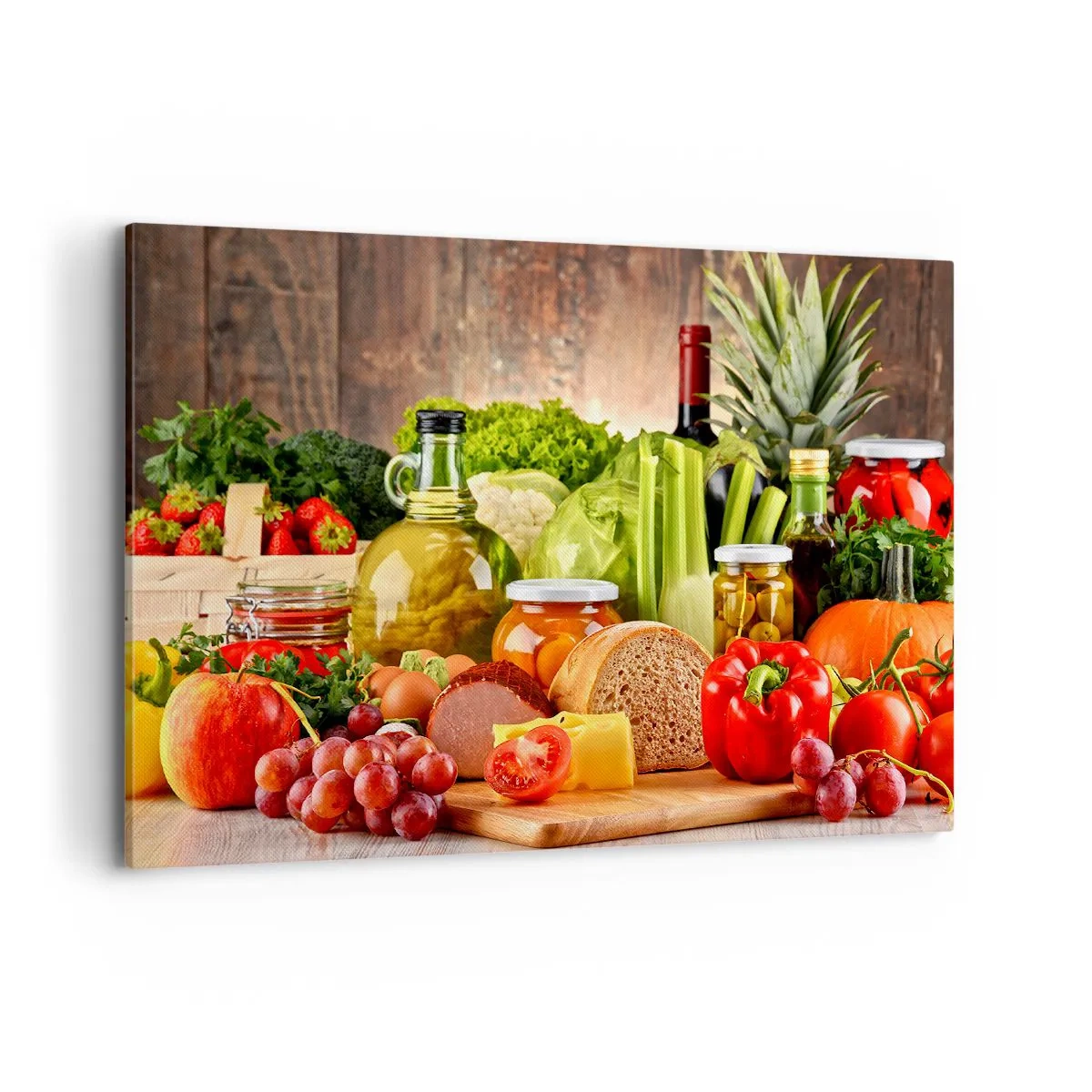 Bild auf Leinwand - Leinwandbild - Buntes Obst, Gemüse und Lebensmittel - 100x70cm - Geräuchert, gebacken und eingelegt - Moderne Wanddekoration für Wohnzimmer und Schlafzimmer ARTTOR