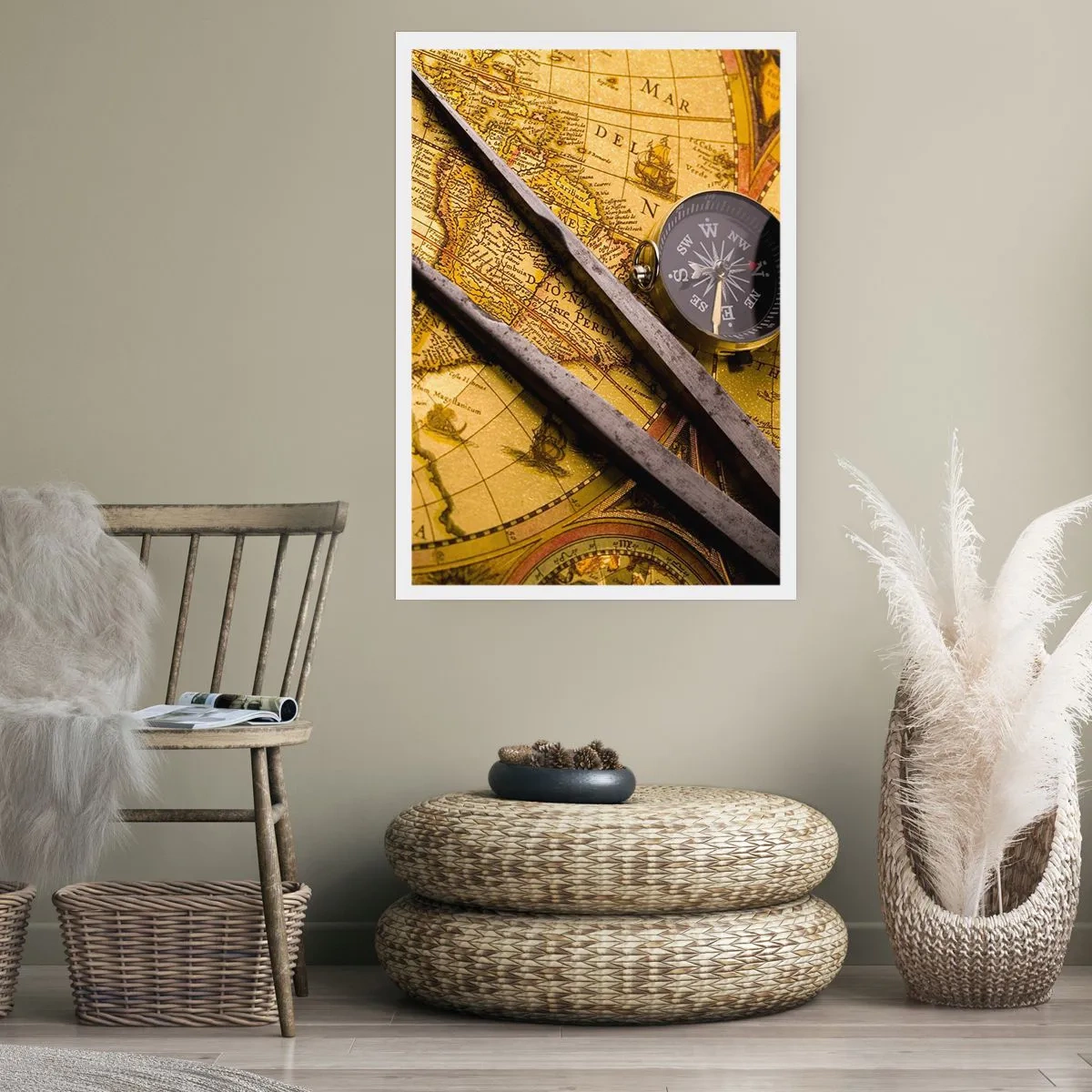 Poster - Alte Karte mit Kompass und Navigationstools - 50x70cm - Wo sind diese Schätze? - Moderne Wanddekoration für Wohnzimmer und Schlafzimmer ARTTOR