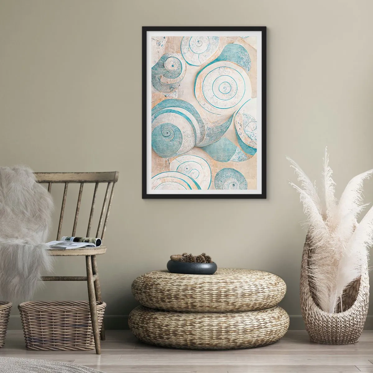 Poster in einem schwarzem Rahmen - Abstrakte Spiralen in Blau- und Beigetönen - 50x70cm - Was verbirgt sich in der Muschel? - Moderne Wanddekoration für Wohnzimmer und Schlafzimmer ARTTOR
