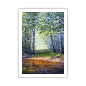Poster - Eine Waldlichtung mit Birken und einem Bach in den Strahlen der Sonne - 50x70cm - Idyllische Landschaft - Moderne Wanddekoration für Wohnzimmer und Schlafzimmer ARTTOR