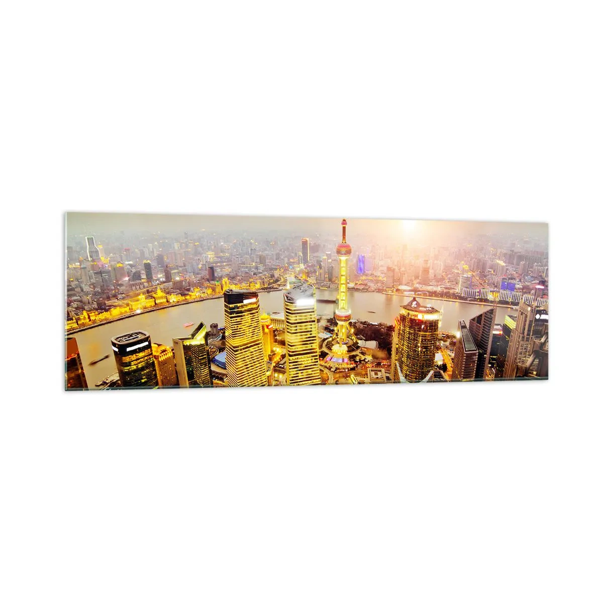Glasbild - Bild auf glas - Stadtpanorama mit Wolkenkratzern bei Sonnenuntergang - 160x50cm - Asiatischer Traum - Moderne Wanddekoration für Wohnzimmer und Schlafzimmer ARTTOR