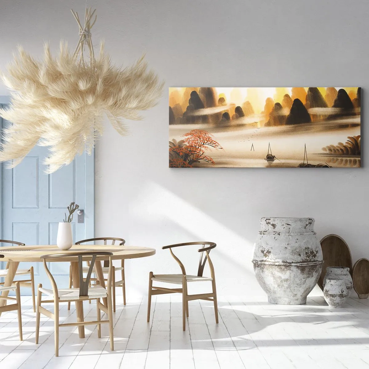 Bild auf Leinwand - Leinwandbild - Eine orientalische Landschaft mit Fluss, Bergen und sanftem Nebel. - 160x50cm - Weiter als im Fernosten - Moderne Wanddekoration für Wohnzimmer und Schlafzimmer ARTTOR