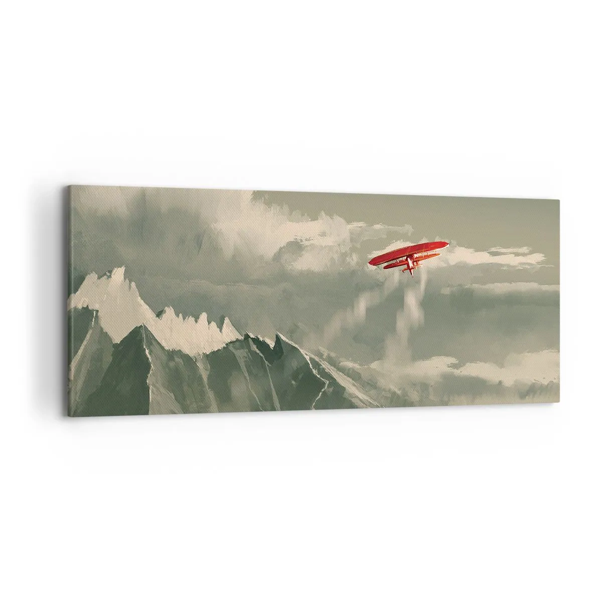 Bild auf Leinwand - Leinwandbild - Rotes Flugzeug über schneebedeckten Bergen - 120x50cm - Furchtloser Pionier - Moderne Wanddekoration für Wohnzimmer und Schlafzimmer ARTTOR