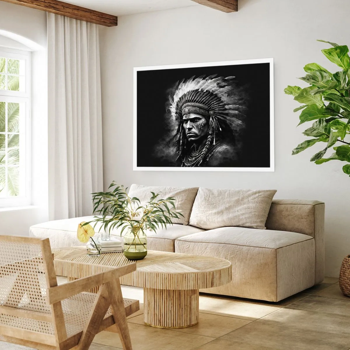 Poster - Porträt eines Häuptlings mit Federschmuck vor schwarzem Hintergrund - 100x70cm - Anführer und Krieger - Moderne Wanddekoration für Wohnzimmer und Schlafzimmer ARTTOR