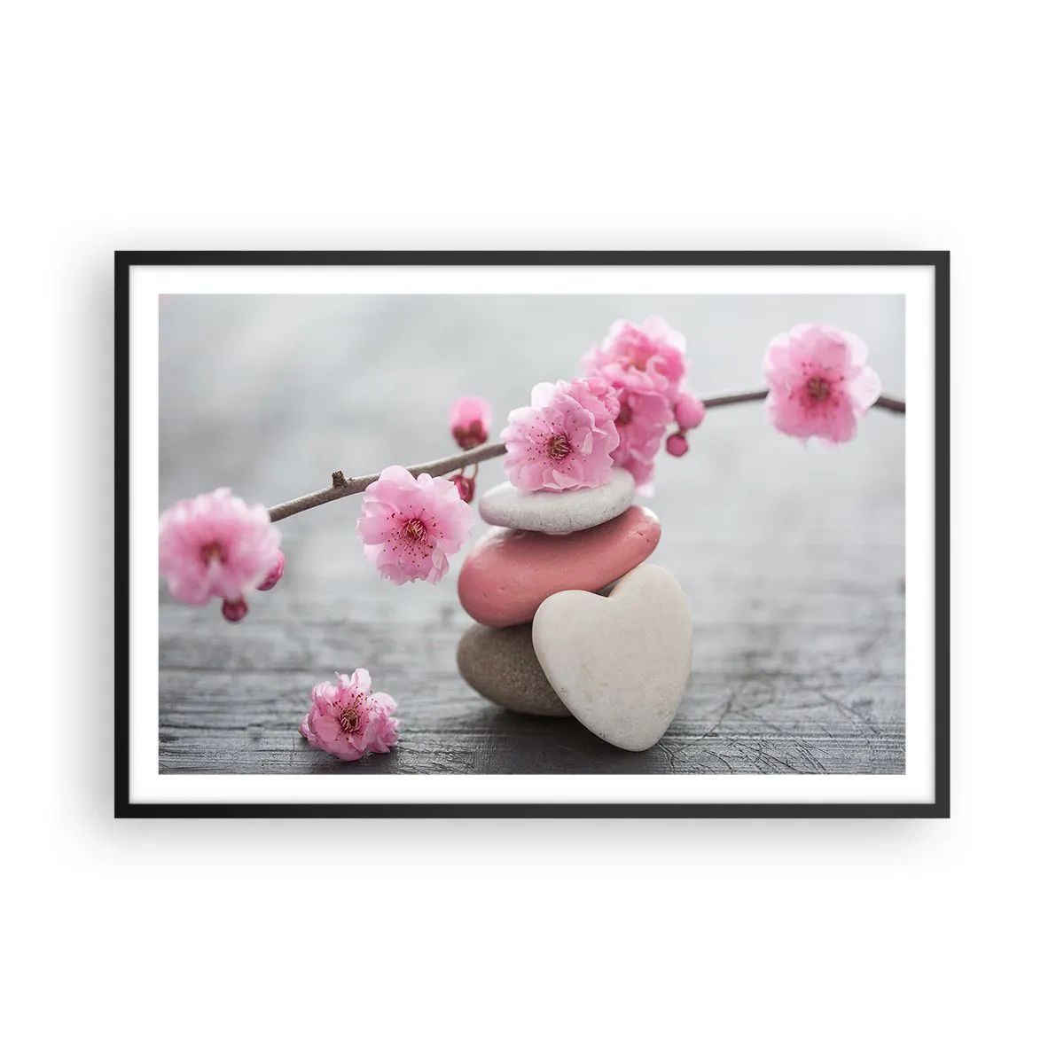 Poster in einem schwarzem Rahmen - Glückseligkeit mit einer Kirschblüte - 91x61 cm