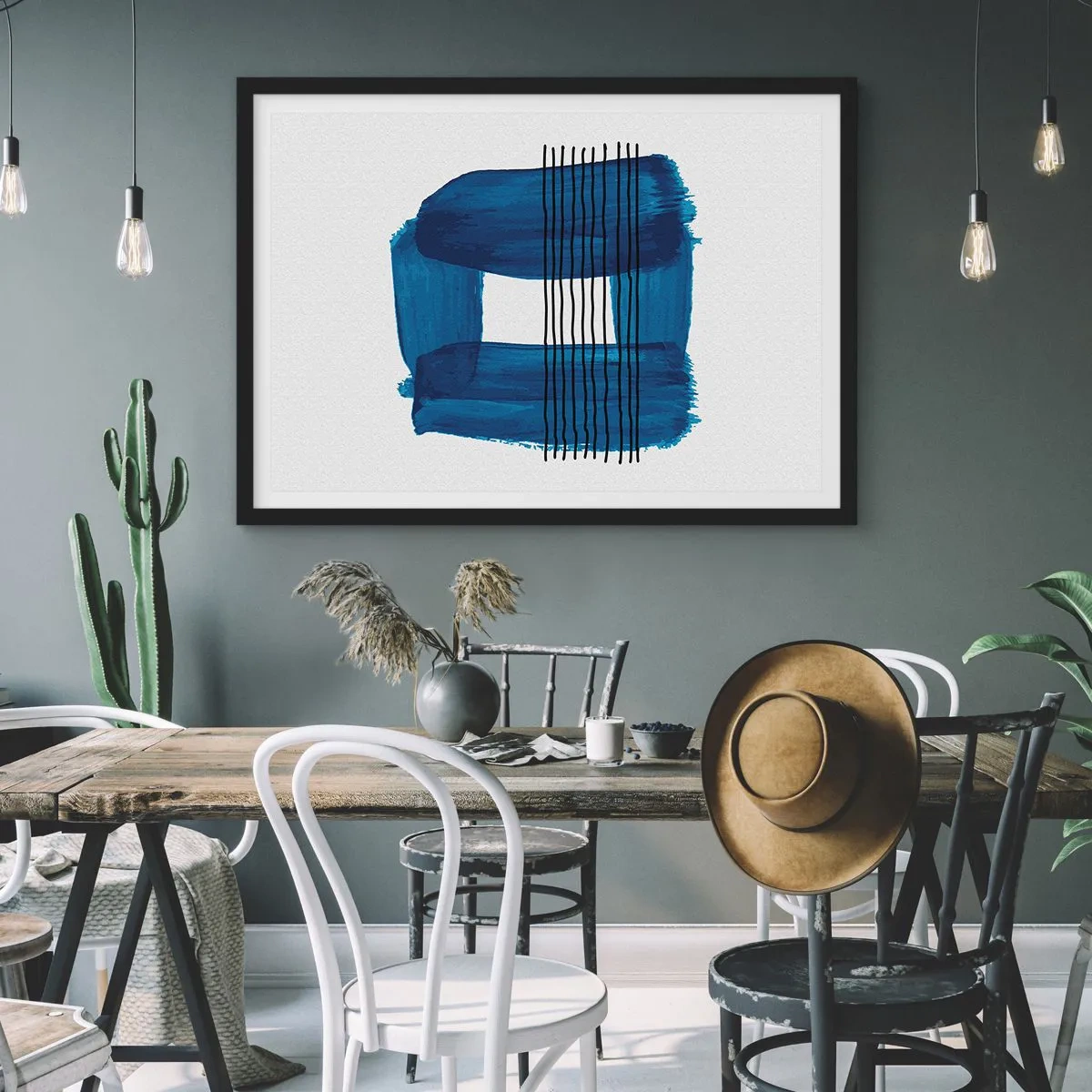 Poster in einem schwarzem Rahmen - Abstraktes Muster in Blautönen mit schwarzen Linien - 70x50cm - Blaue und schwarze Komposition - Moderne Wanddekoration für Wohnzimmer und Schlafzimmer ARTTOR