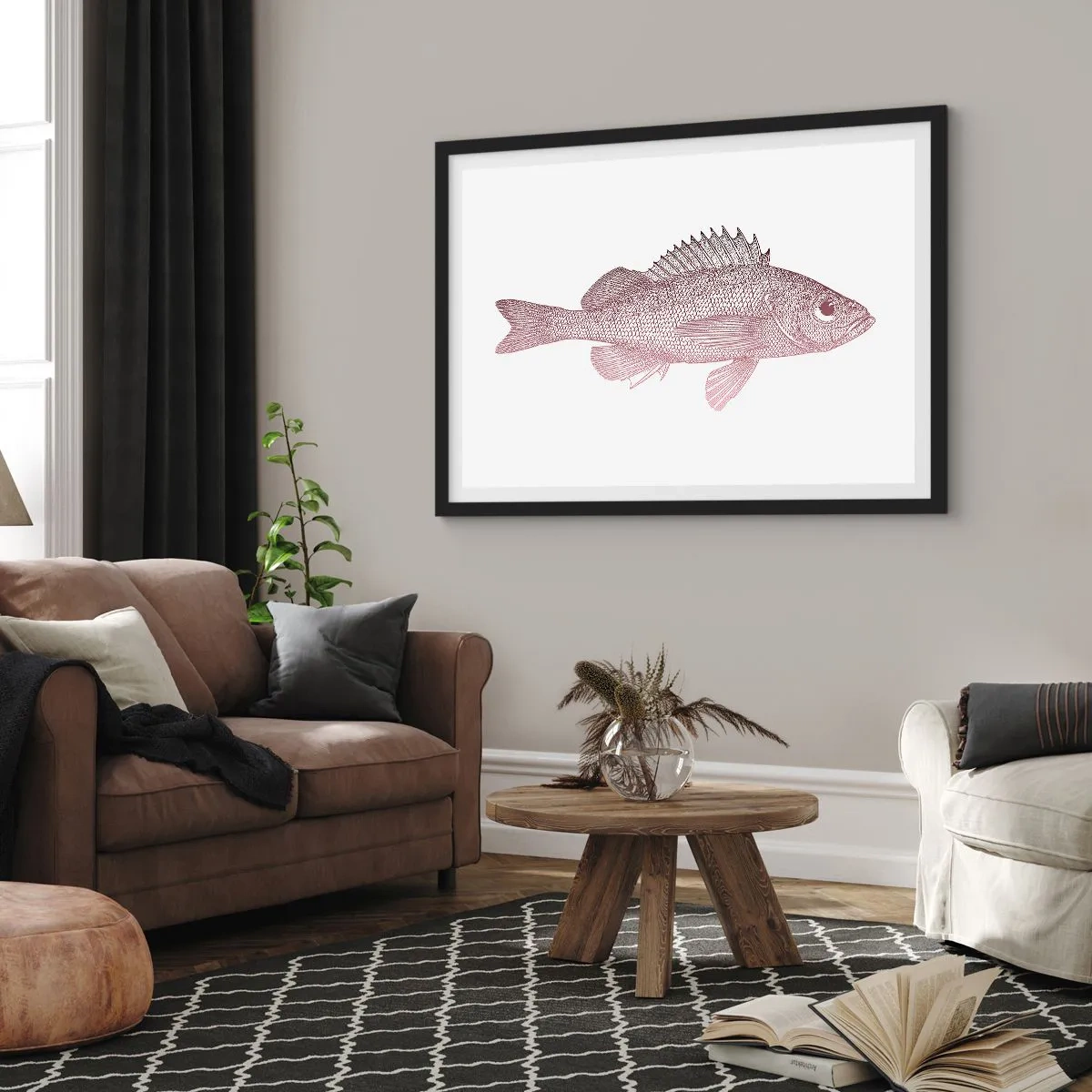 Poster in einem schwarzem Rahmen - Detaillierte Darstellung eines Fisches auf weißem Hintergrund - 70x50cm - Großäugiger Fisch - Moderne Wanddekoration für Wohnzimmer und Schlafzimmer ARTTOR
