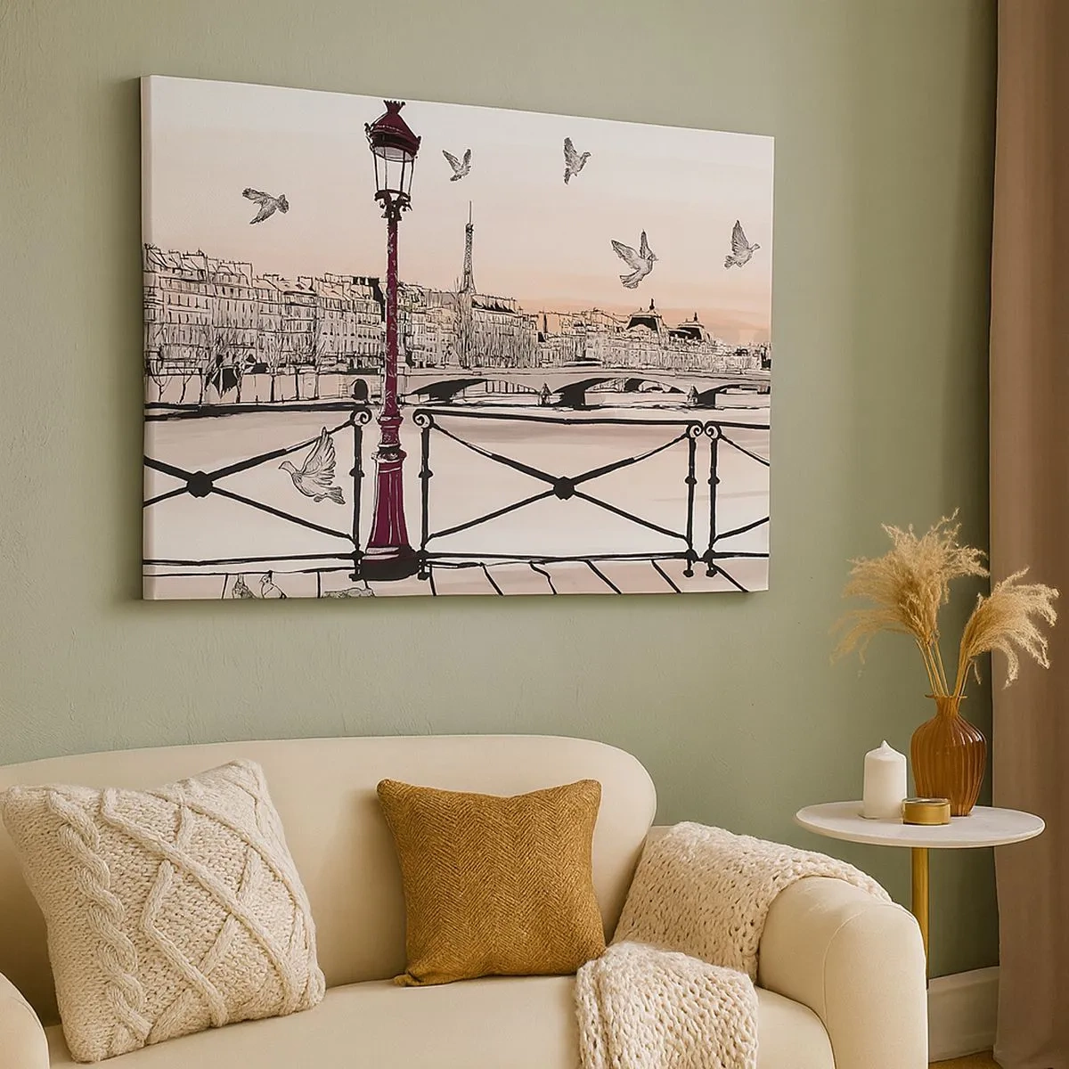 Bild auf Leinwand - Leinwandbild - Pariser Ansicht mit einer Laterne und einer Brücke - 70x50cm - Über den Dächern von Paris - Moderne Wanddekoration für Wohnzimmer und Schlafzimmer ARTTOR