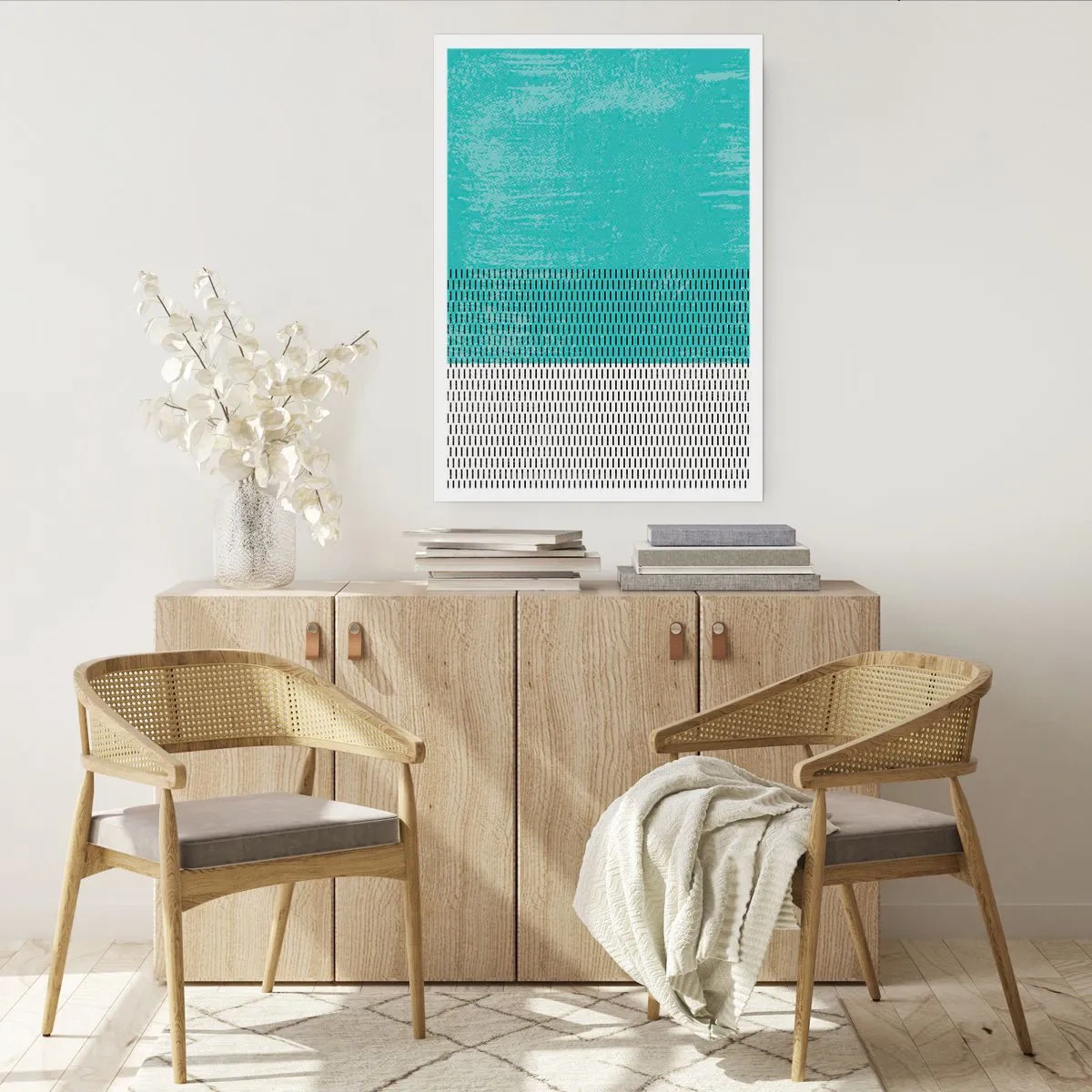 Poster - Geometrisches Muster mit türkisfarbenen und weißen Elementen im minimalistischen Stil - 50x70cm - Eine ausgewogene Komposition - Moderne Wanddekoration für Wohnzimmer und Schlafzimmer ARTTOR