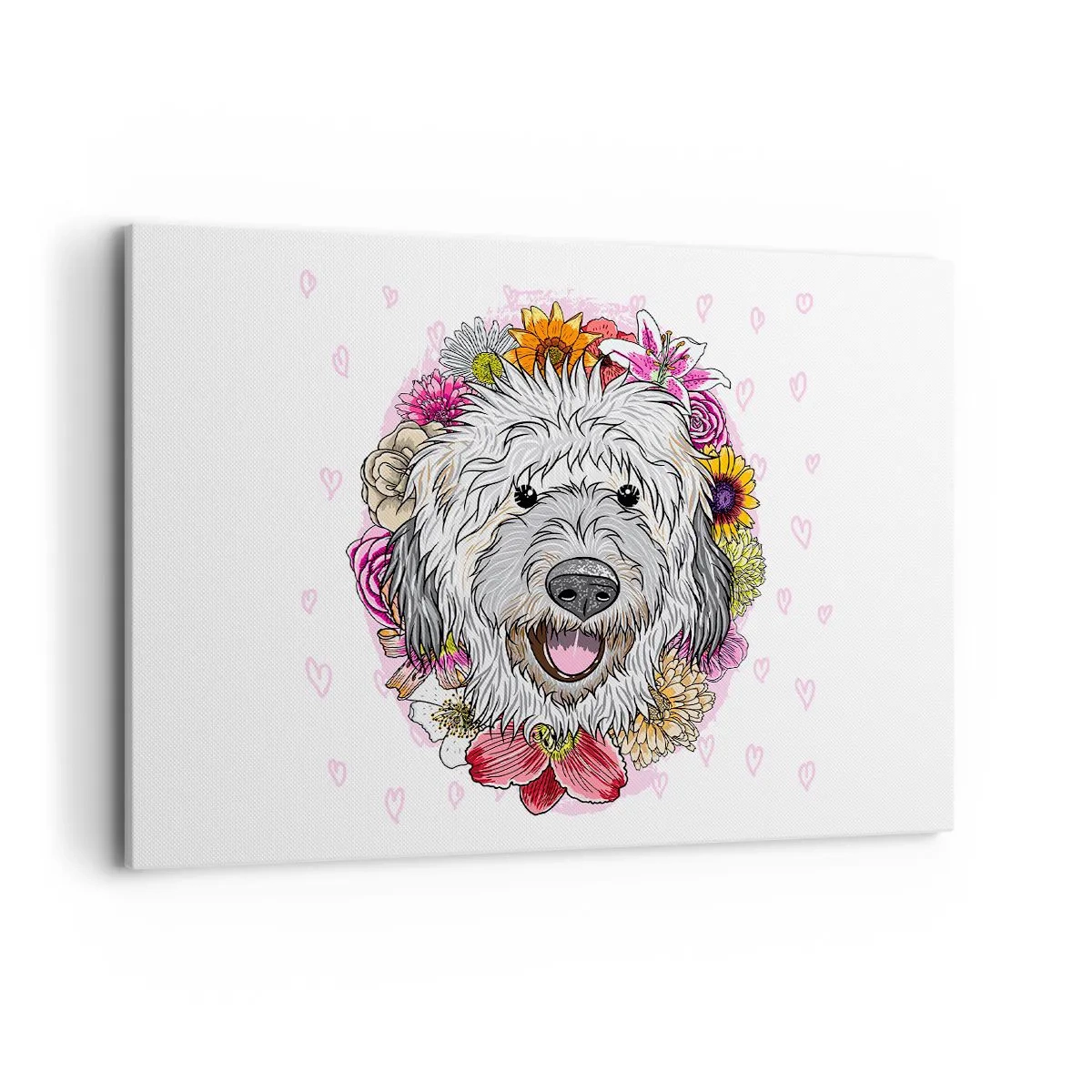 Bild auf Leinwand - Leinwandbild - Ein Hund umgeben von bunten Blumen - 100x70cm - Welpenfreude - Moderne Wanddekoration für Wohnzimmer und Schlafzimmer ARTTOR