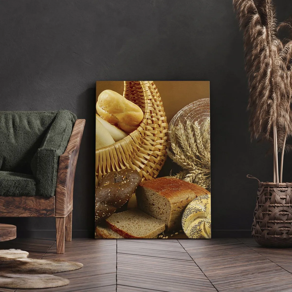 Bild auf Leinwand - Leinwandbild - Verschiedene Brotsorten in einem Weidenkorb auf goldenem Hintergrund - 50x70cm - Wir sind wieder davongekommen - Moderne Wanddekoration für Wohnzimmer und Schlafzimmer ARTTOR