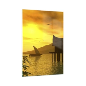 Glasbild - Bild auf glas - Tropischer Sonnenuntergang über dem Wasser mit Holzhaus auf Stelzen. - 70x100cm - Der ersehnte Frieden - Moderne Wanddekoration für Wohnzimmer und Schlafzimmer ARTTOR