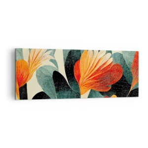Bild auf Leinwand - Leinwandbild - Blüten in intensiven Orange- und Grüntönen - 140x50cm - Hitze der Tropen und Kühle des Grüns - Moderne Wanddekoration für Wohnzimmer und Schlafzimmer ARTTOR
