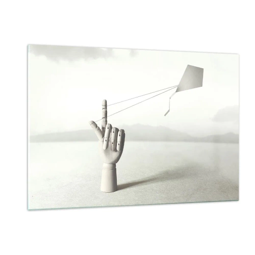 Glasbild - Bild auf glas - Eine Holzhand, die einen schwebenden Drachen auf dem Finger hält - 120x80cm - Kraftprobe - Moderne Wanddekoration für Wohnzimmer und Schlafzimmer ARTTOR