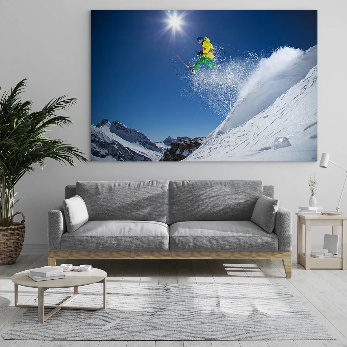 Glasbild - Bild auf glas - Ein Skifahrer in Aktion vor der Kulisse schneebedeckter Berge - 70x50cm - Tanzen mit den Bergen - Moderne Wanddekoration für Wohnzimmer und Schlafzimmer ARTTOR