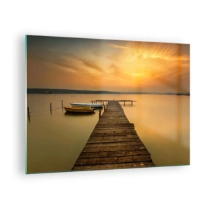 Glasbild - Bild auf glas - Pier auf dem See bei Sonnenuntergang mit einem Boot - 70x50cm - Ich werde dir den goldenen Himmel öffnen - Moderne Wanddekoration für Wohnzimmer und Schlafzimmer ARTTOR