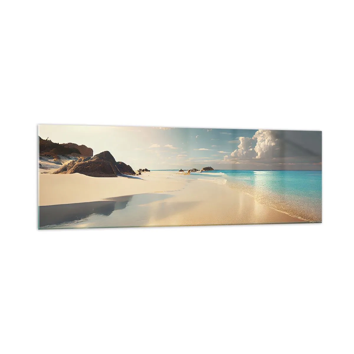 Glasbild - Bild auf glas - Ein sonniger Strand mit blauem Meer und Felsen - 160x50cm - Erträumter Tag - Moderne Wanddekoration für Wohnzimmer und Schlafzimmer ARTTOR