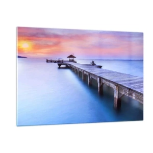 Glasbild - Bild auf glas - Holzsteg bei Sonnenaufgang auf ruhigem Wasser - 120x80cm - Ein Meer der Ruhe bis zum Horizont - Moderne Wanddekoration für Wohnzimmer und Schlafzimmer ARTTOR
