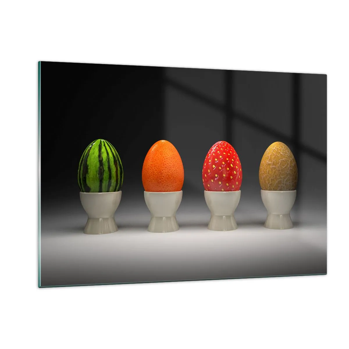 Glasbild - Bild auf glas - Eier in Fruchtschalen auf einem Ständer - 120x80cm - Obstfrühstück - Moderne Wanddekoration für Wohnzimmer und Schlafzimmer ARTTOR