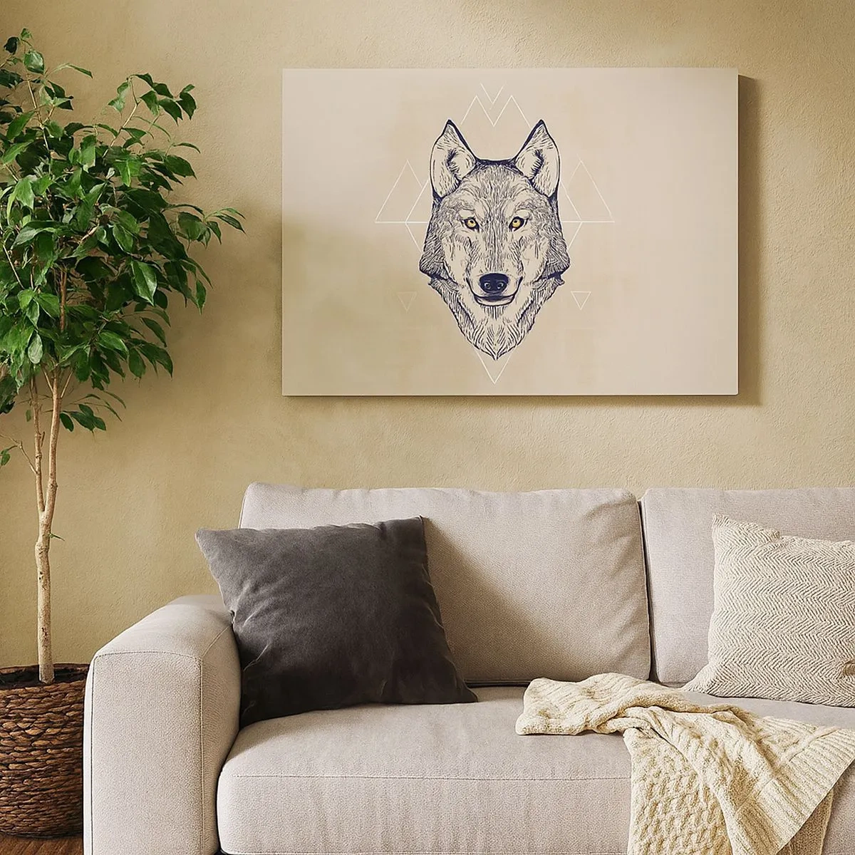 Bild auf Leinwand - Leinwandbild - Ein geometrischer Wolf auf hellem Hintergrund mit minimalistischen Mustern. - 70x50cm - Ein Alpha mit durchdringendem Blick - Moderne Wanddekoration für Wohnzimmer und Schlafzimmer ARTTOR