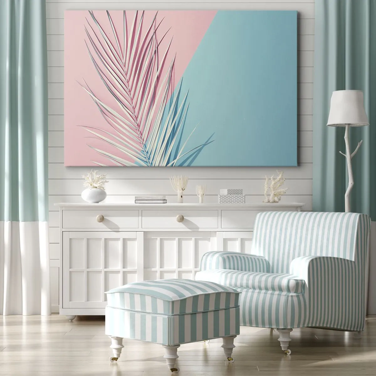 Bild auf Leinwand - Leinwandbild - Tropisches Blatt vor einem Hintergrund in Pastelltönen von Rosa und Blau - 120x80cm - Tropischer Eindruck - Moderne Wanddekoration für Wohnzimmer und Schlafzimmer ARTTOR