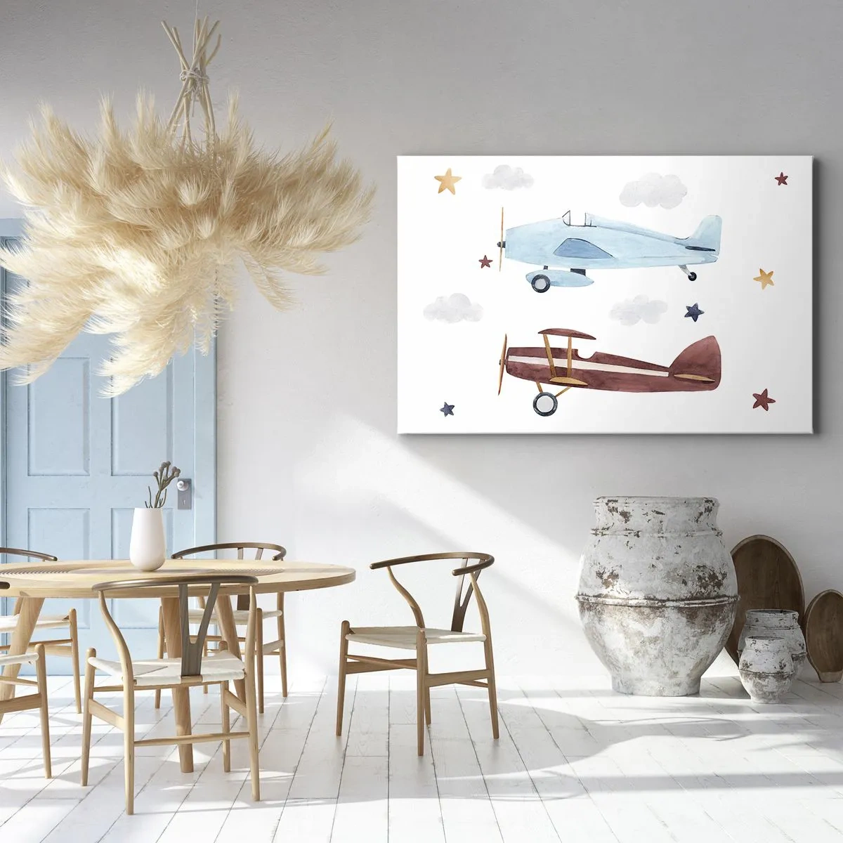 Bild auf Leinwand - Leinwandbild - Handbemalte Flugzeuge vor einem Hintergrund aus Wolken und Sternen - 120x80cm - Wir warten, Herr Pilot! - Moderne Wanddekoration für Wohnzimmer und Schlafzimmer ARTTOR