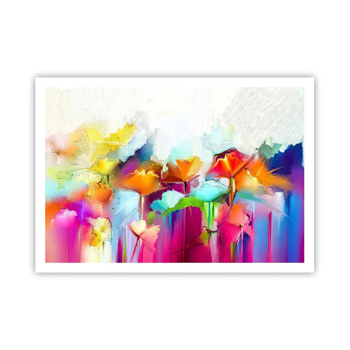 Poster - Abstrakte bunte Blumen auf hellem Hintergrund - 100x70cm - Der Regenbogen ist aufgeblüht - Moderne Wanddekoration für Wohnzimmer und Schlafzimmer ARTTOR