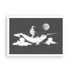 Poster - Ein Astronaut auf dem Rücken eines Narwals, der in einer Weltraumszene schwimmt. - 100x70cm - Weltraumreiter - Moderne Wanddekoration für Wohnzimmer und Schlafzimmer ARTTOR