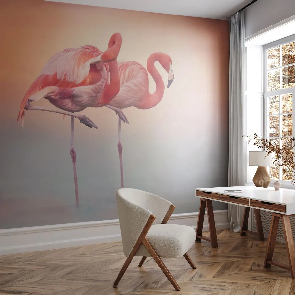 Fototapete Premium Canvas - Die Farbe der untergehenden Sonne - Flamingos, Vögel, Natur - 300x210 cm
