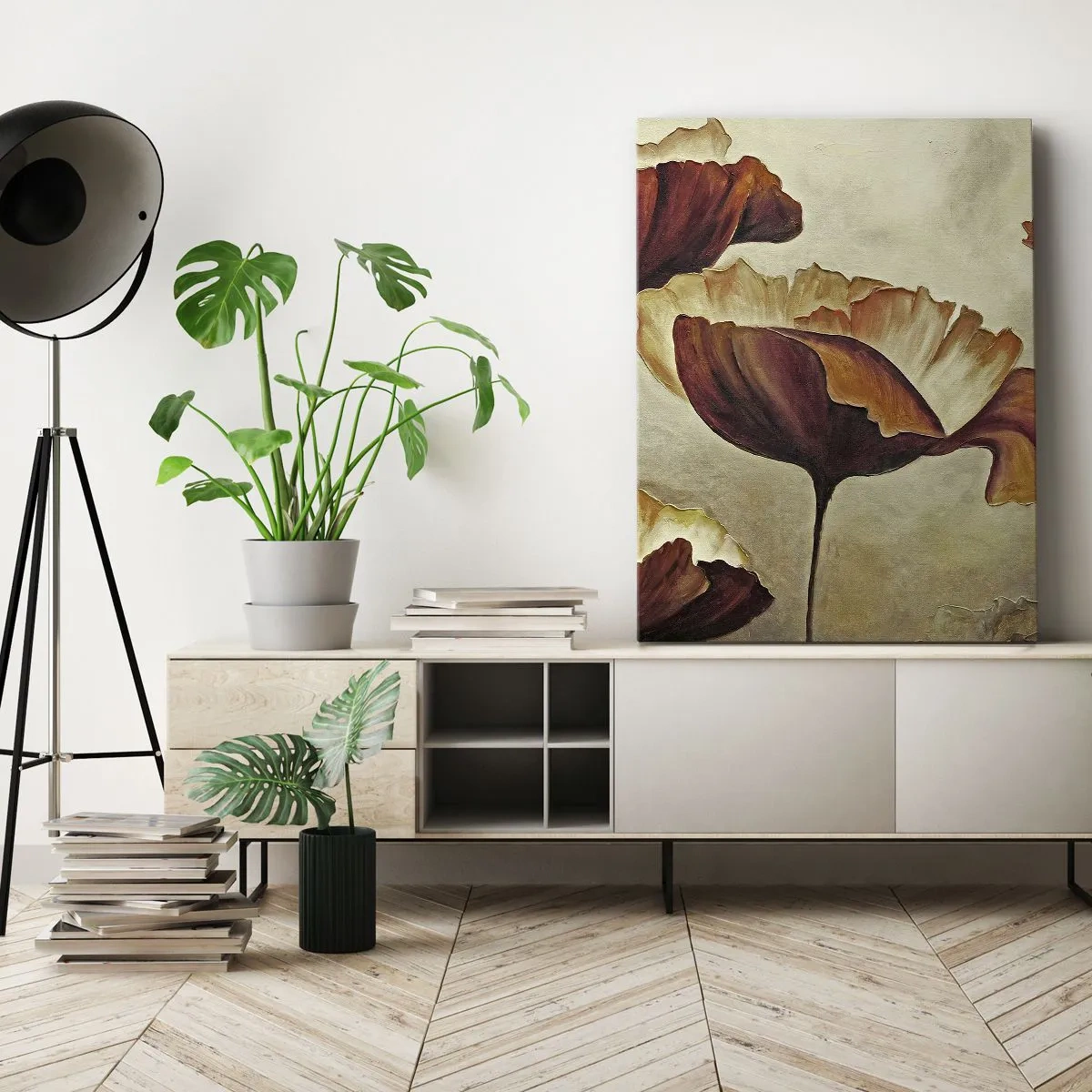 Bild auf Leinwand - Leinwandbild - Dezente Blumen in Rot- und Goldtönen auf hellem Untergrund - 80x120cm - Weideland - Moderne Wanddekoration für Wohnzimmer und Schlafzimmer ARTTOR