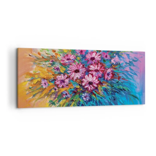 Bild auf Leinwand - Leinwandbild - Bunte Blumen in einem Strauß vor pastellfarbenem Hintergrund - 120x50cm - Lebensenergie - Moderne Wanddekoration für Wohnzimmer und Schlafzimmer ARTTOR