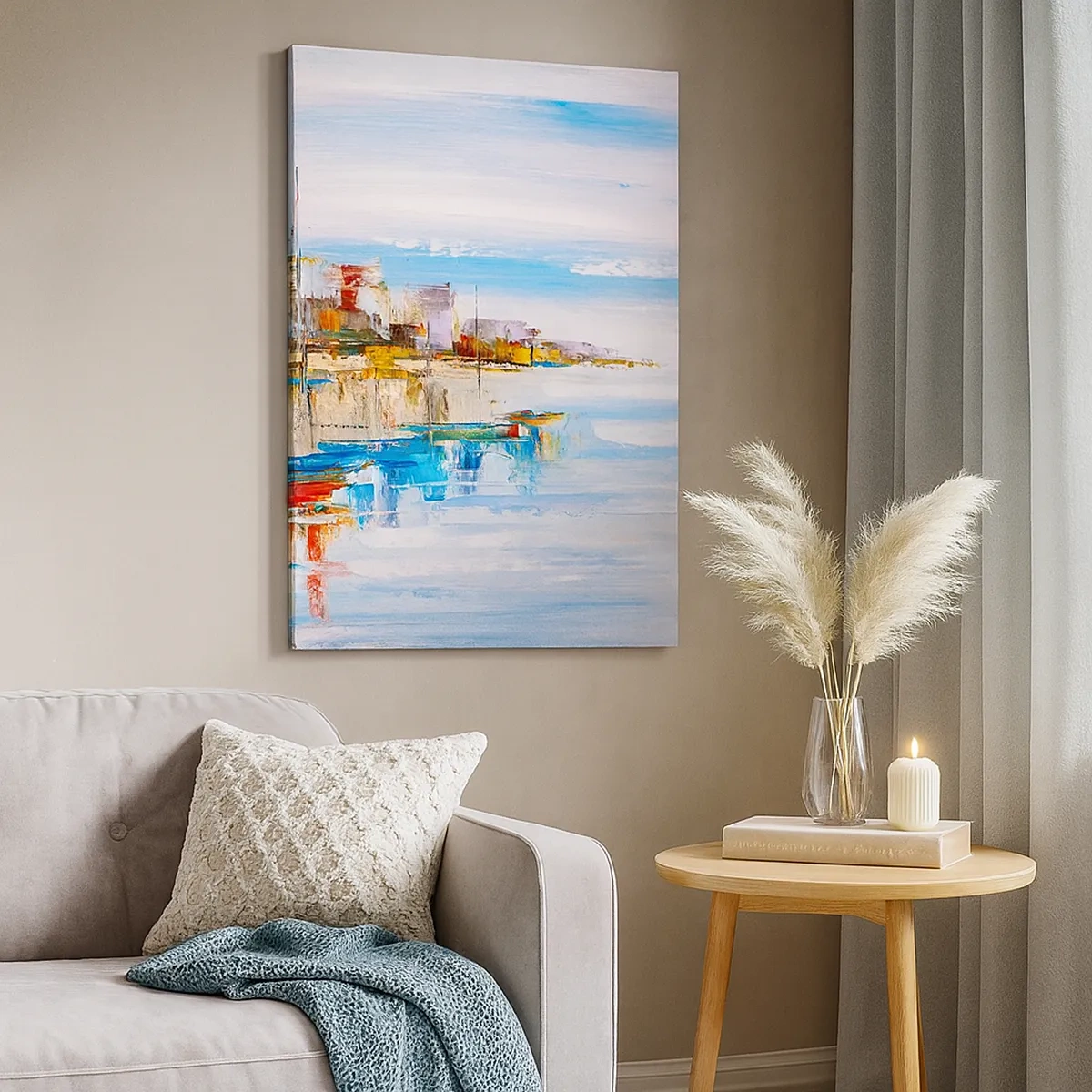 Bild auf Leinwand - Leinwandbild - Bunte Boote am Ufer mit Blick auf die Skyline der Stadt - 50x70cm - Bunte urbane Oase - Moderne Wanddekoration für Wohnzimmer und Schlafzimmer ARTTOR