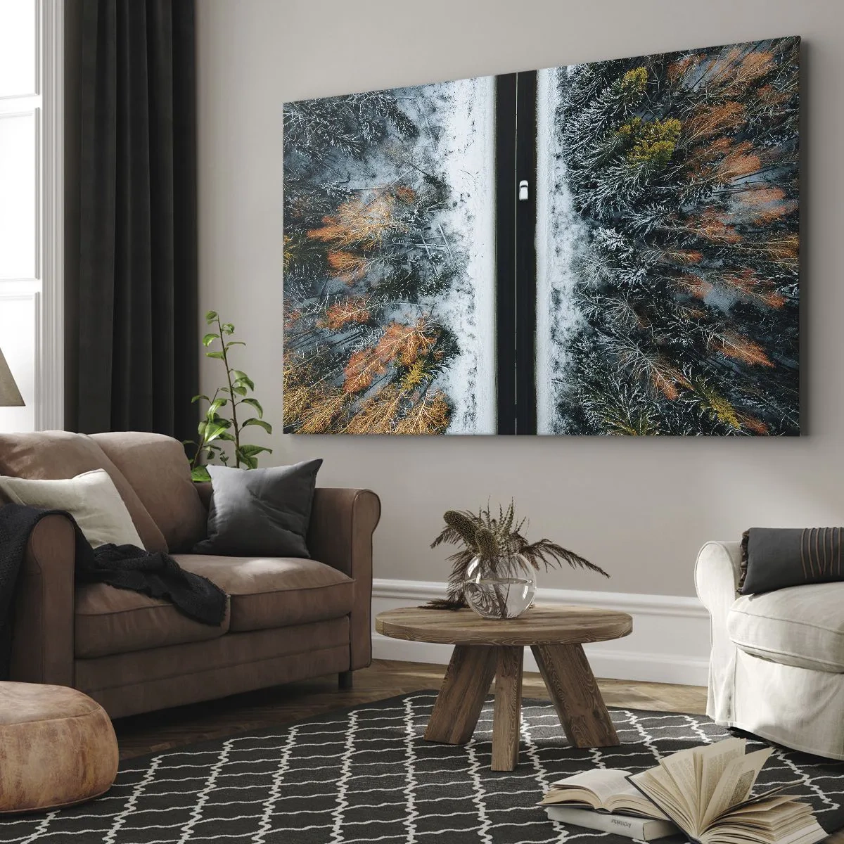 Bild auf Leinwand - Leinwandbild - Eine Straße durch einen Winterwald aus der Vogelperspektive gesehen - 70x50cm - Schnitt durch den Winterwald - Moderne Wanddekoration für Wohnzimmer und Schlafzimmer ARTTOR