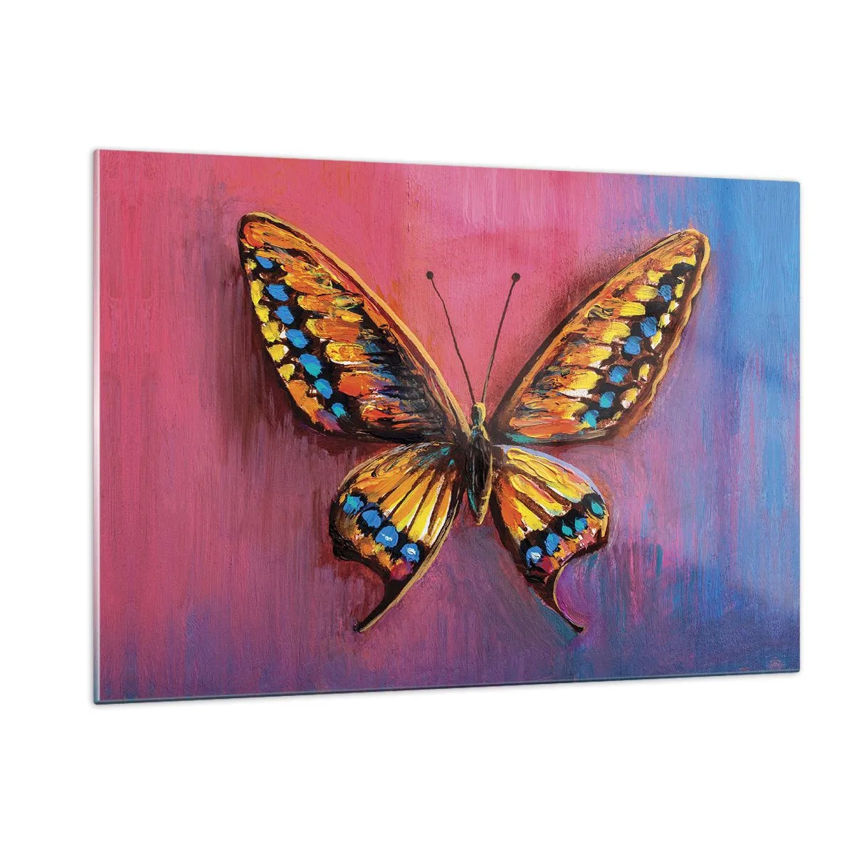 Glasbild - Bild auf glas - Ein bunter Schmetterling auf einem Hintergrund in Rosa- und Lilatönen - 120x80cm - Ein Juwel der Natur - Moderne Wanddekoration für Wohnzimmer und Schlafzimmer ARTTOR