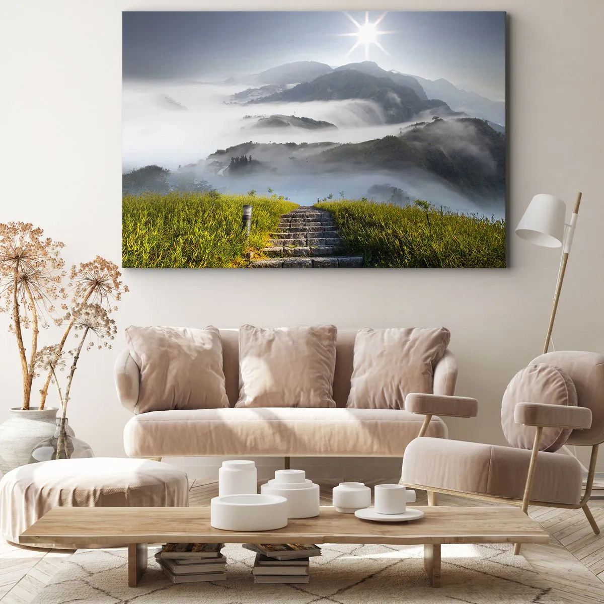 Bild auf Leinwand - Leinwandbild - Steintreppen führen durch die in Morgennebel gehüllten Berge - 120x80cm - Immer noch den Wolken entgegen - Moderne Wanddekoration für Wohnzimmer und Schlafzimmer ARTTOR