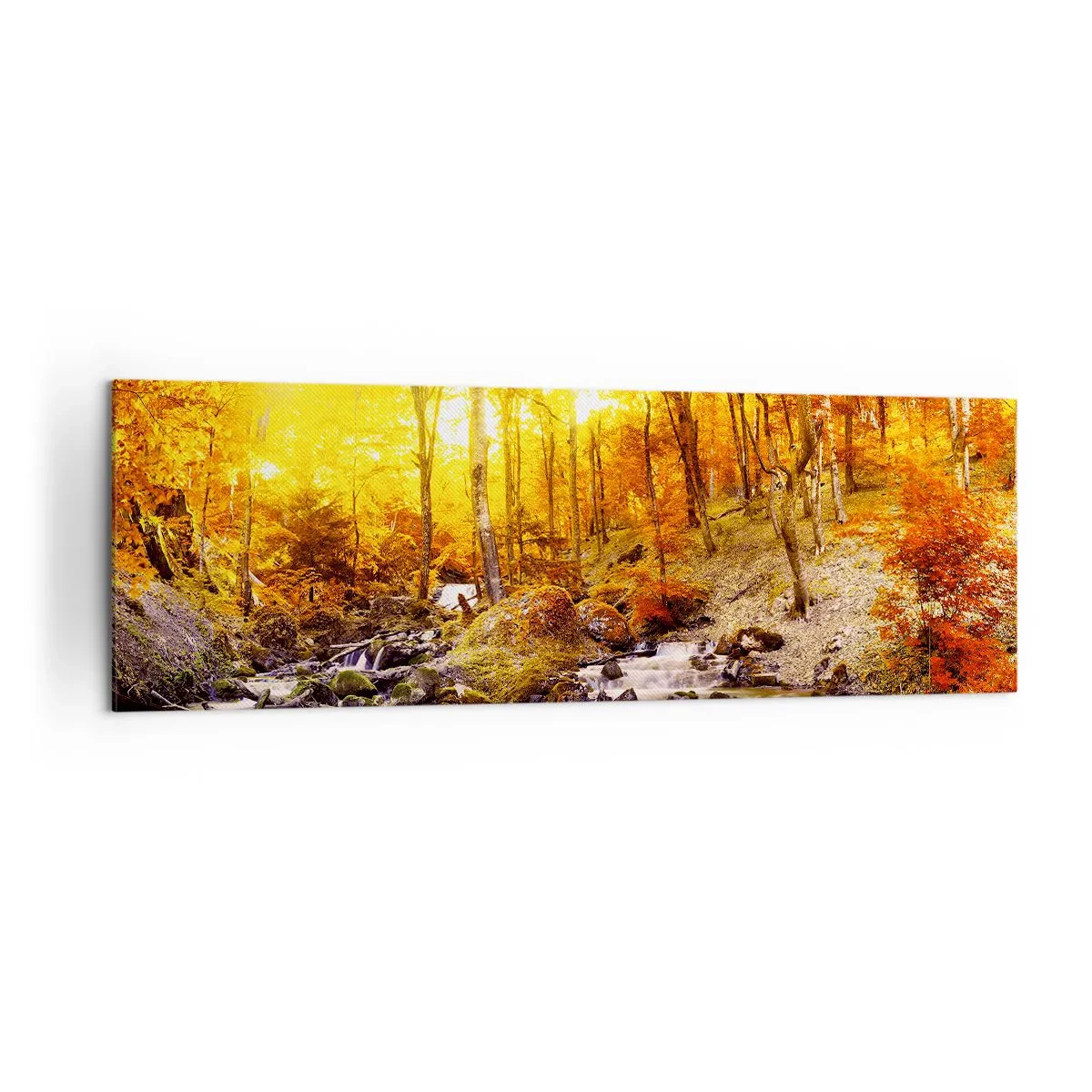 Bild auf Leinwand - Leinwandbild - Herbstwald mit einem Bach zwischen goldenen Blättern - 160x50cm - In Gold und Platin gefasste Steine - Moderne Wanddekoration für Wohnzimmer und Schlafzimmer ARTTOR