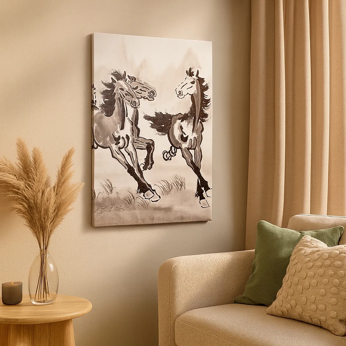 Bild auf Leinwand - Leinwandbild - Dynamische Grafiken galoppierender Pferde im orientalischen Stil - 50x70cm - In freudigem Galopp - Moderne Wanddekoration für Wohnzimmer und Schlafzimmer ARTTOR