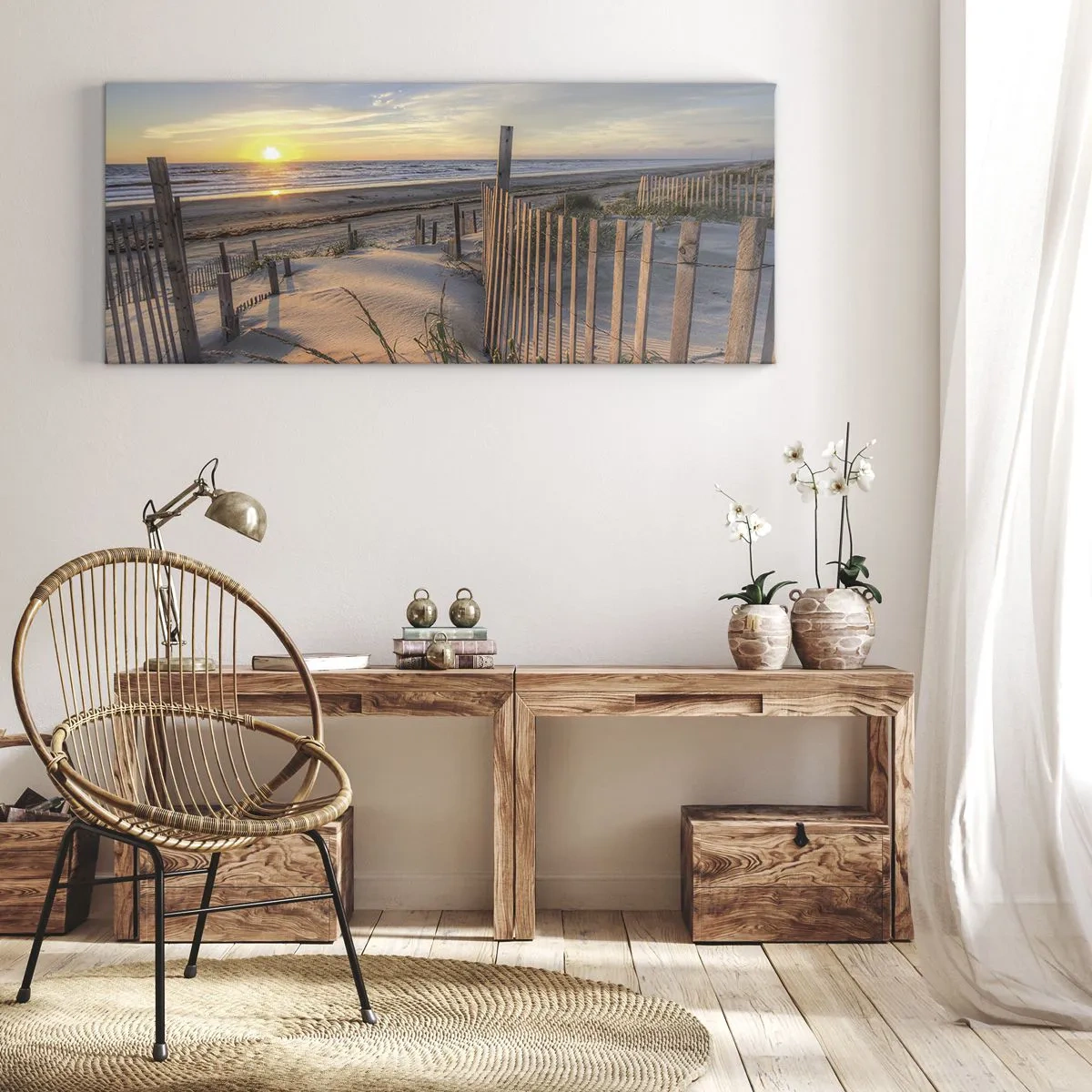 Bild auf Leinwand - Leinwandbild - Sonnenuntergangsstrand mit Holzzaun - 160x50cm - Schein und Schatten des Windes - Moderne Wanddekoration für Wohnzimmer und Schlafzimmer ARTTOR