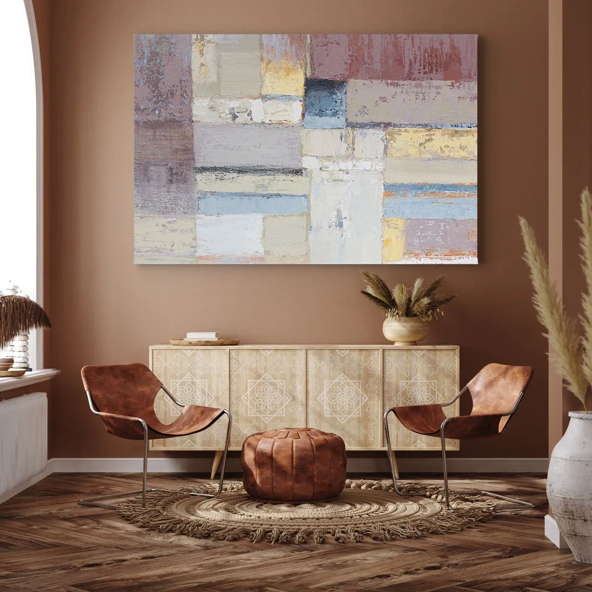 Bild auf Leinwand - Leinwandbild - Geometrische Komposition in Pastellfarben - 70x50cm - Ruhe der Geometrie - Moderne Wanddekoration für Wohnzimmer und Schlafzimmer ARTTOR