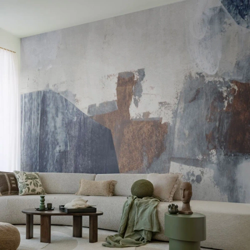 Fototapete Premium Sand - Blaue und braune Formen - Stück, Abstraktion, Minimalismus - 300x210 cm